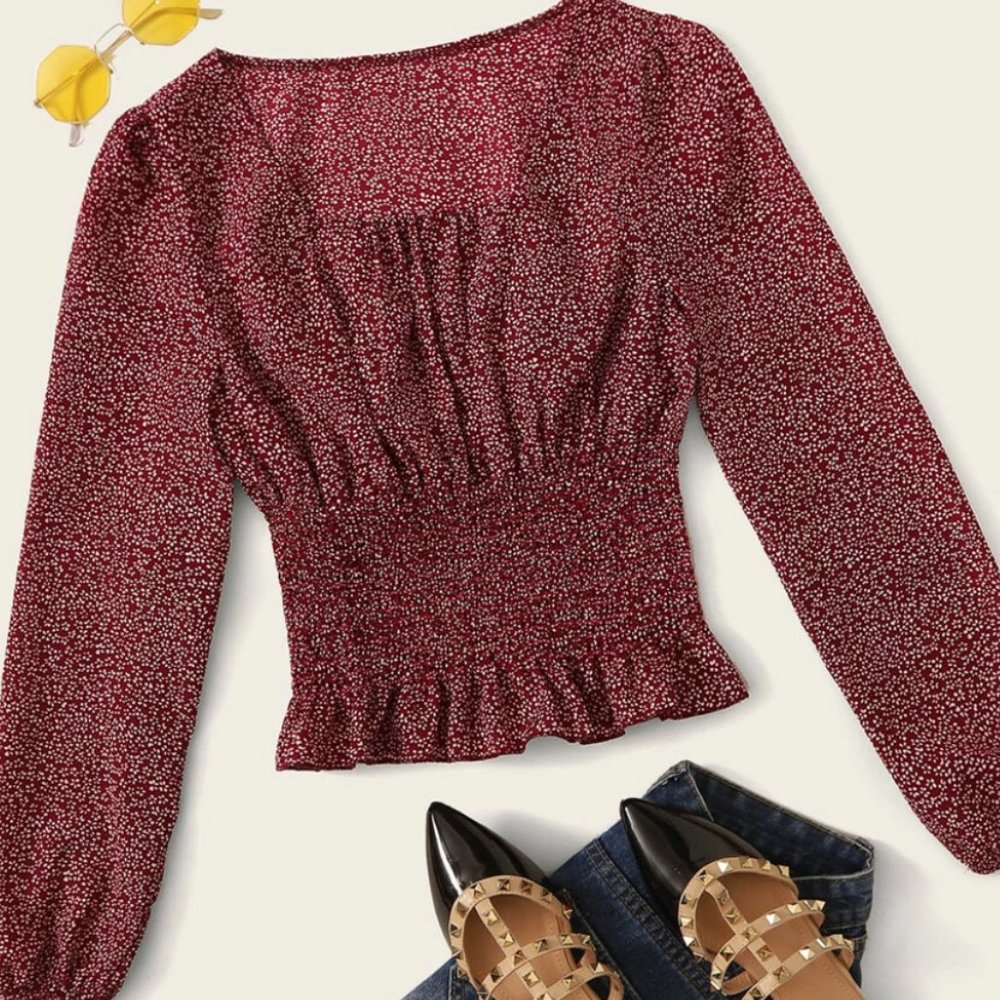Ditsy Floral Print Shirred Waist Blouse
